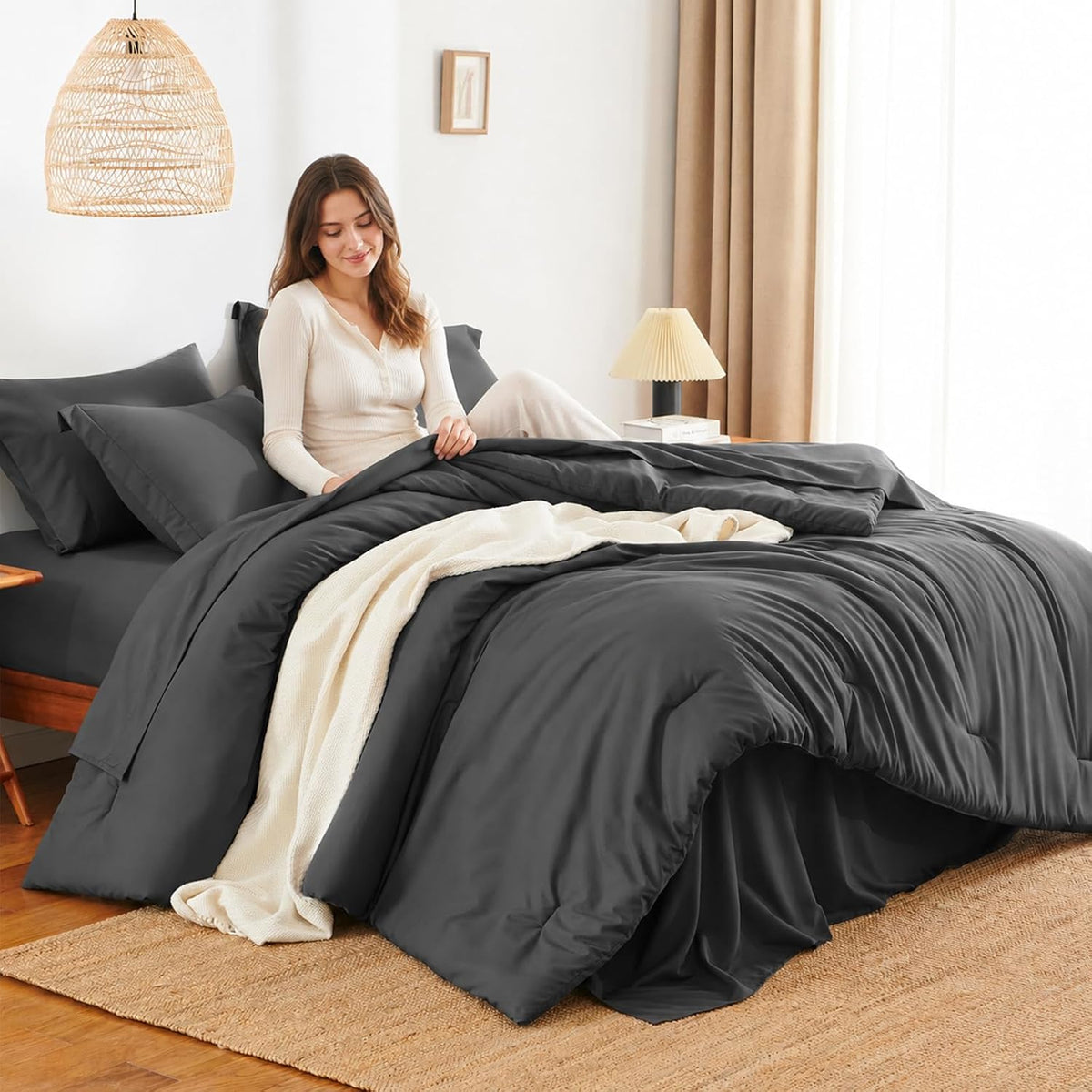 HIMEET Queen Comforter Set, 7-Piece Point-Quilted Bed in a Bag Dark Grey