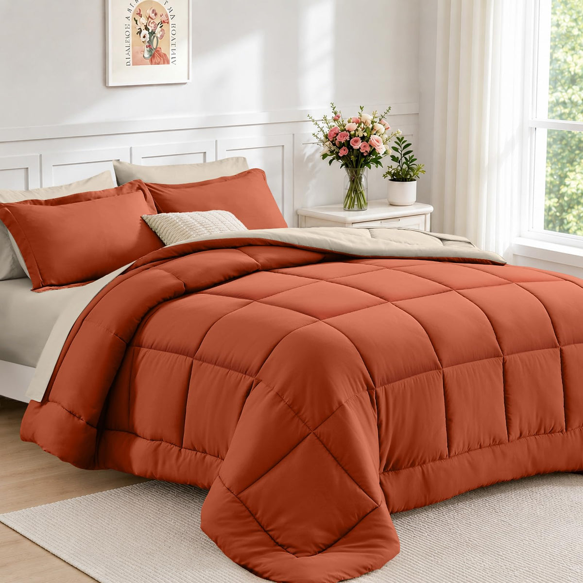 FUANNA Queen Comforter Set 7 Pieces, Reversible Bed Set, Soft Bed in a Bag