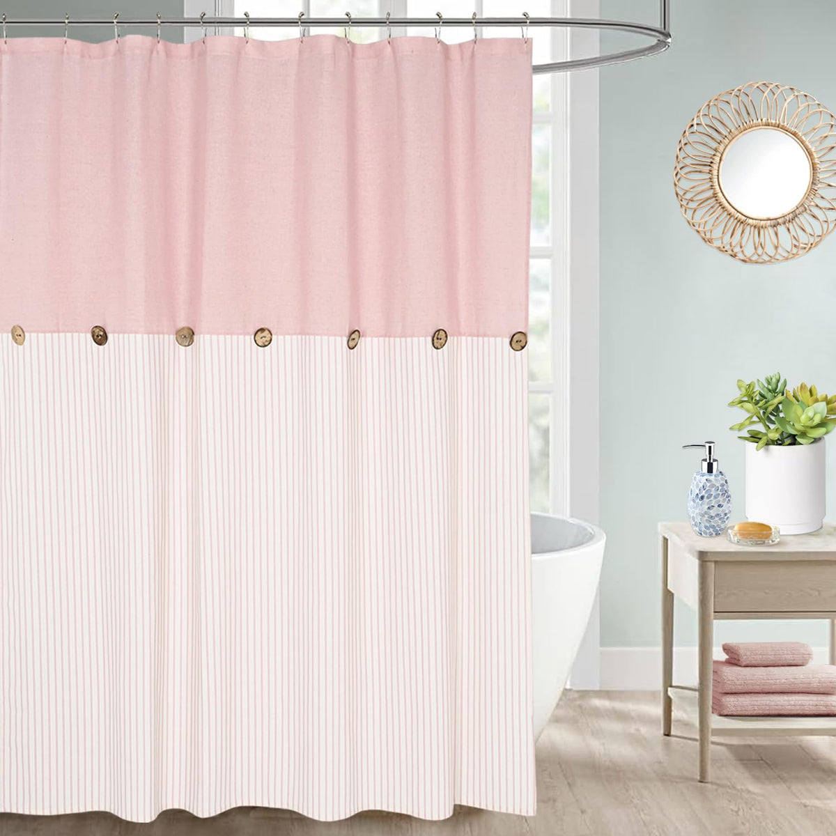 DOSLY IDÉES Farmhouse Shower Curtain,Beige and Gray Stripe,Button Curtain,Linen and Cotton Woven Fabric,Rustic Charm Country Chic Style,72x72 in