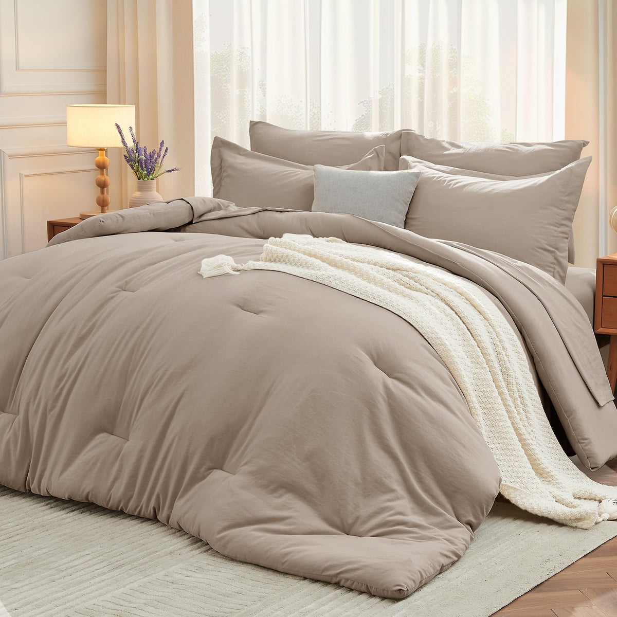 MUXHOMO Full Comforter Set 7 Pieces, Soft Bed in a Bag, Beige