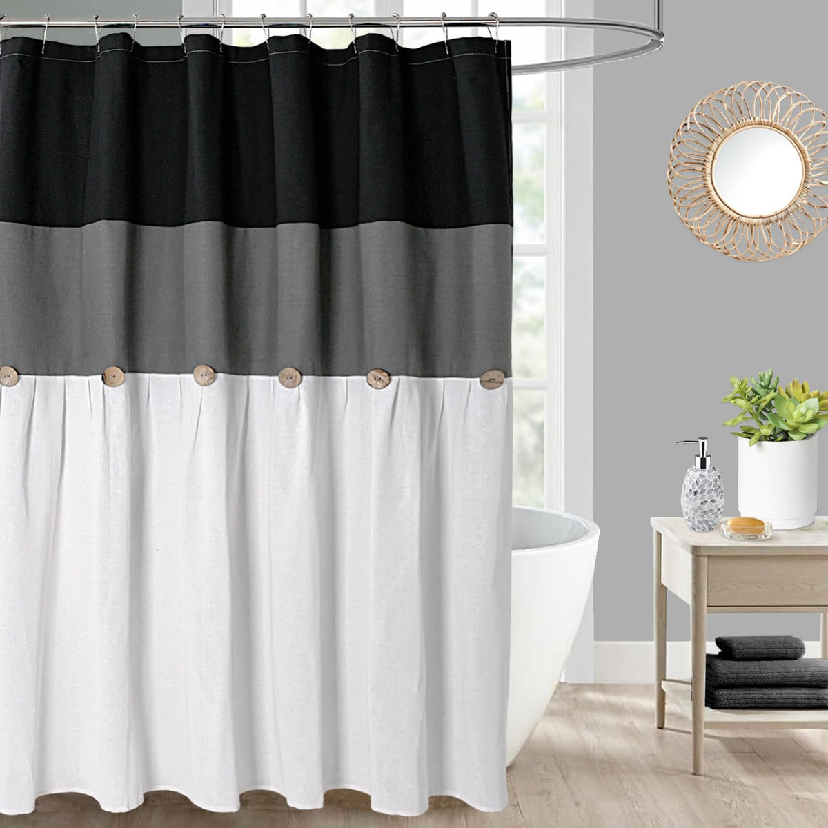 DOSLY IDÉES Farmhouse Shower Curtain,Beige and Gray Stripe,Button Curtain,Linen and Cotton Woven Fabric,Rustic Charm Country Chic Style,72x72 in