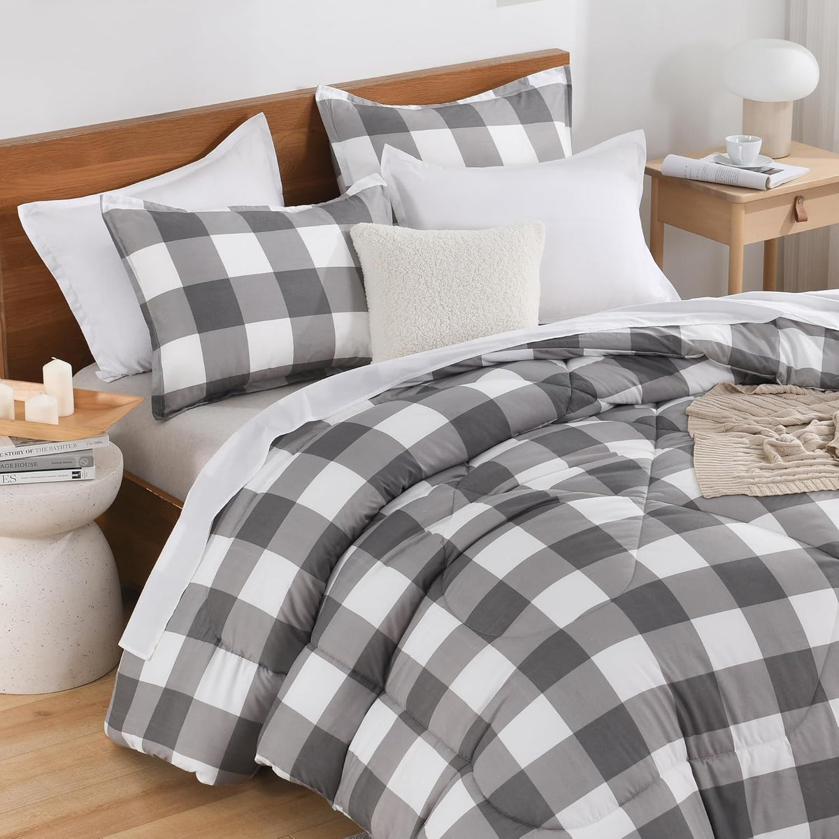 Andency Tan Gingham Comforter Set Twin, Brown Checkered Grid Plaid Bedding