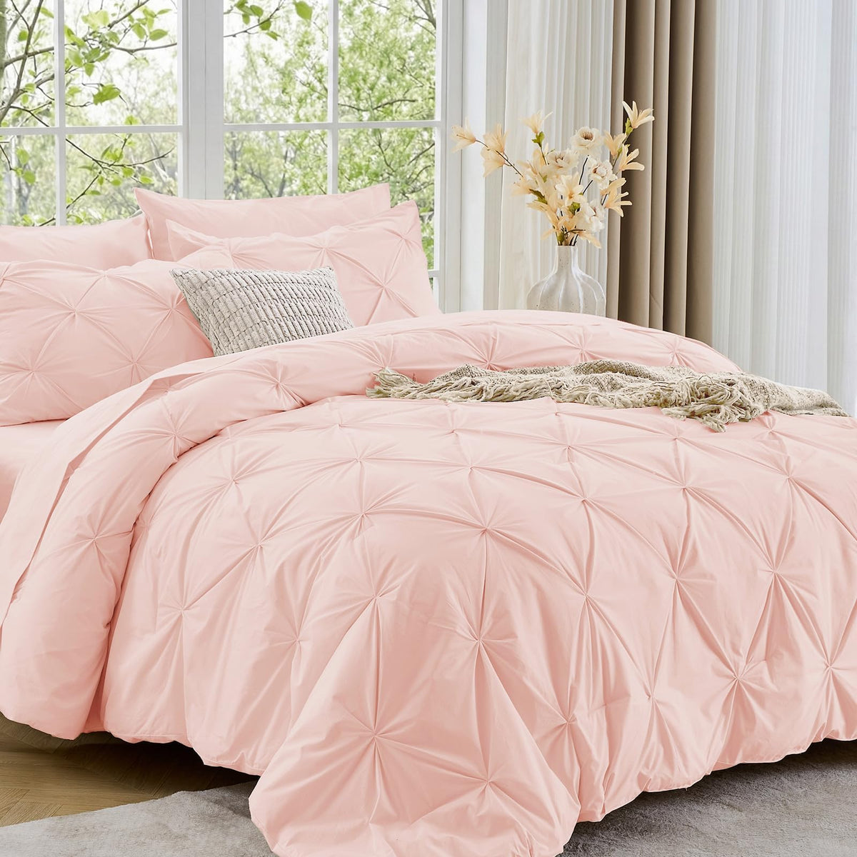 Sasttie Full Size Comforter Set, 7-Piece Bed in a Bag Double, Pintuck Bedding Set for All Season, Includes Comforter, Flat Sheet, Fitted Sheet, Pillowcases and Pillowshams, Beige