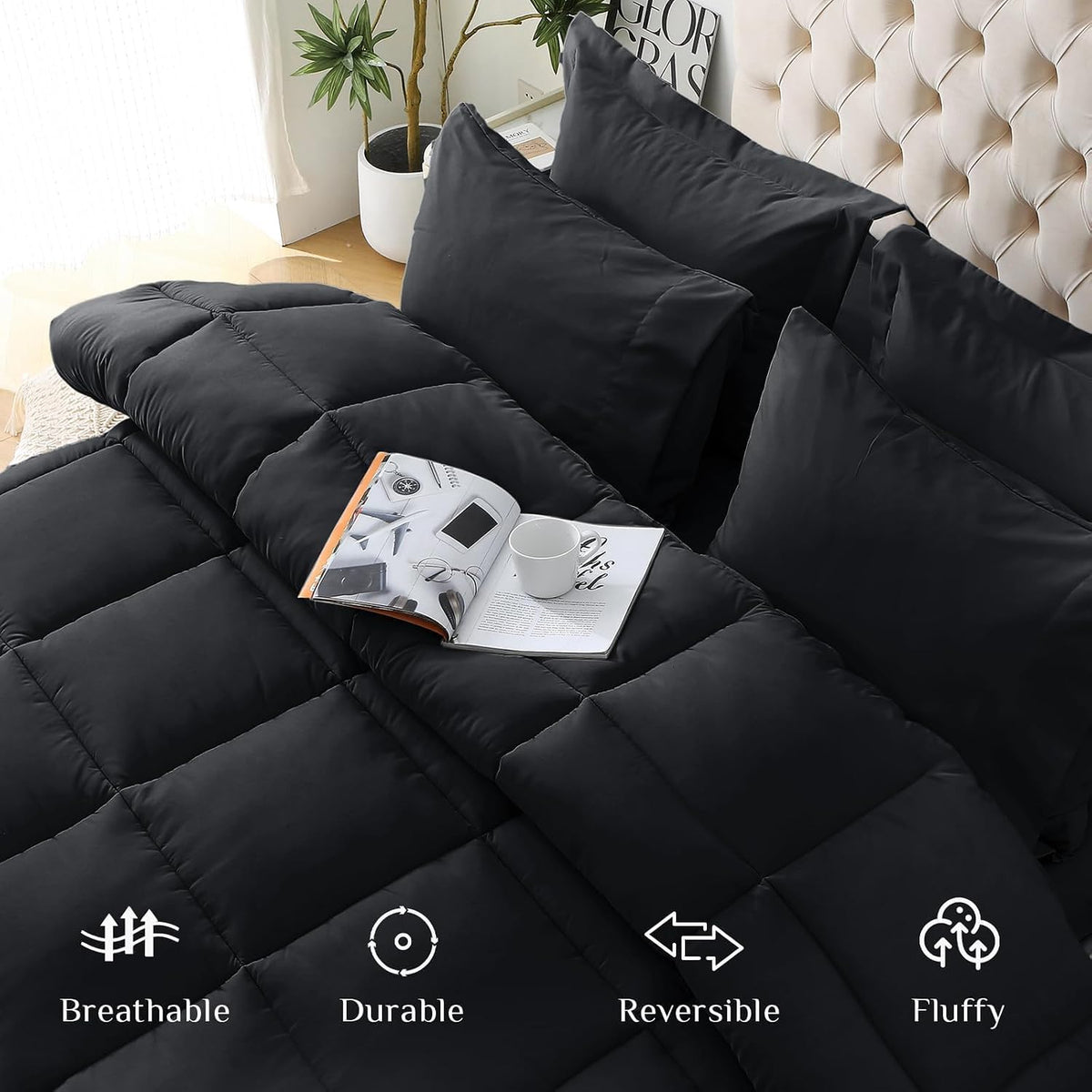 JOLLYVOGUE Full Comforter Set, Ultra-Soft Bed in a Bag Full Size 7 Pieces, Oeko-TEX Certified Bedding Set with Down Alternative Comforter, Sheets, Pillowcases & Shams, Black