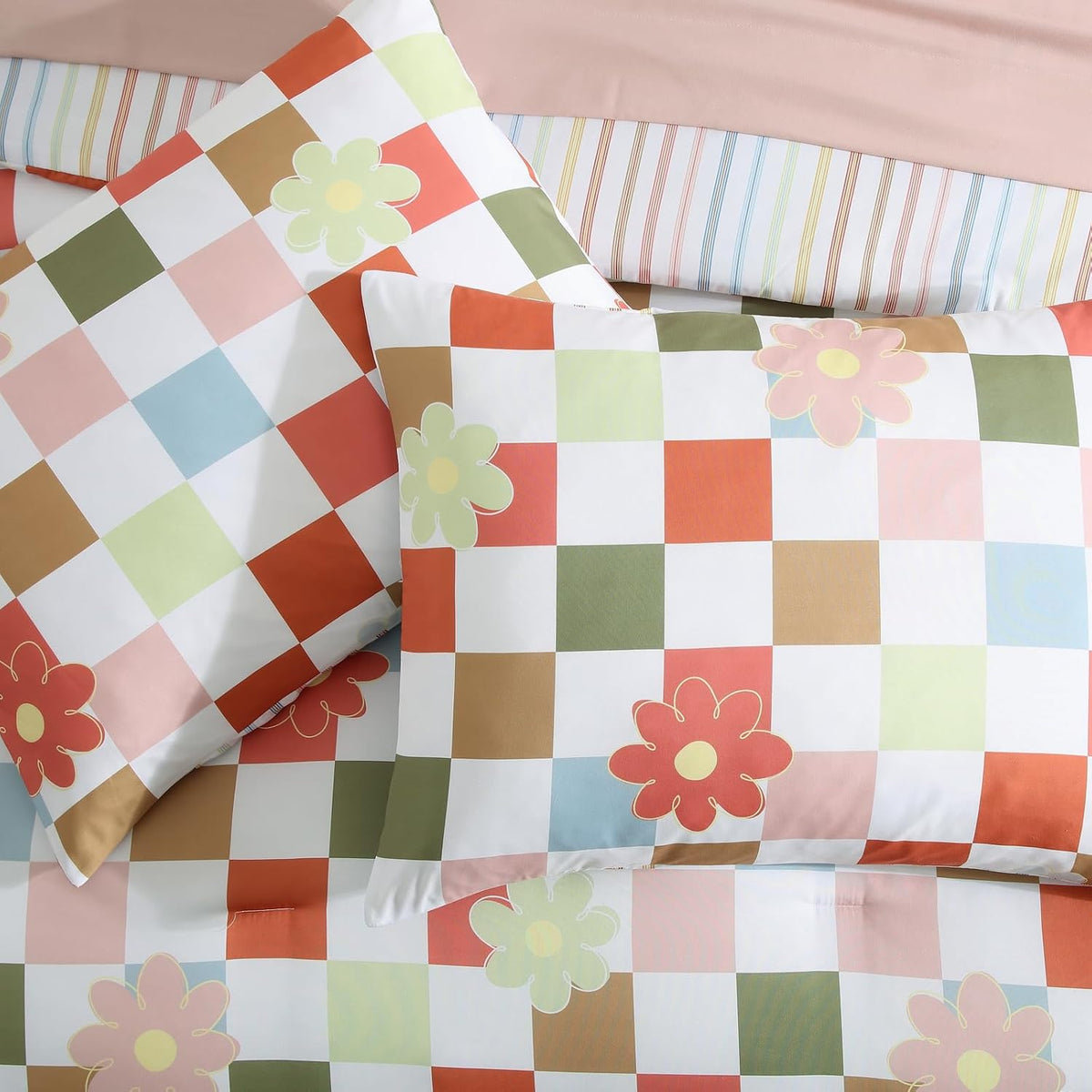 Twin XL Comforter Set for Girls Colorful Checkered Bed in a Bag 5 Pieces