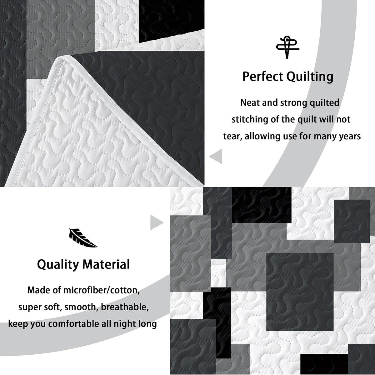 Tyrot 3 Piece Black Grey Quilt Full/Queen Size Black White Gray Bedding Set