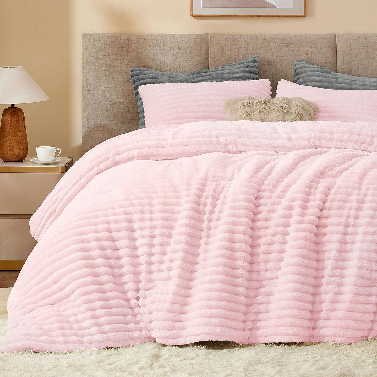 BEDELITE Fleece Full Comforter Set, Fluffy Bed Set, Cream White