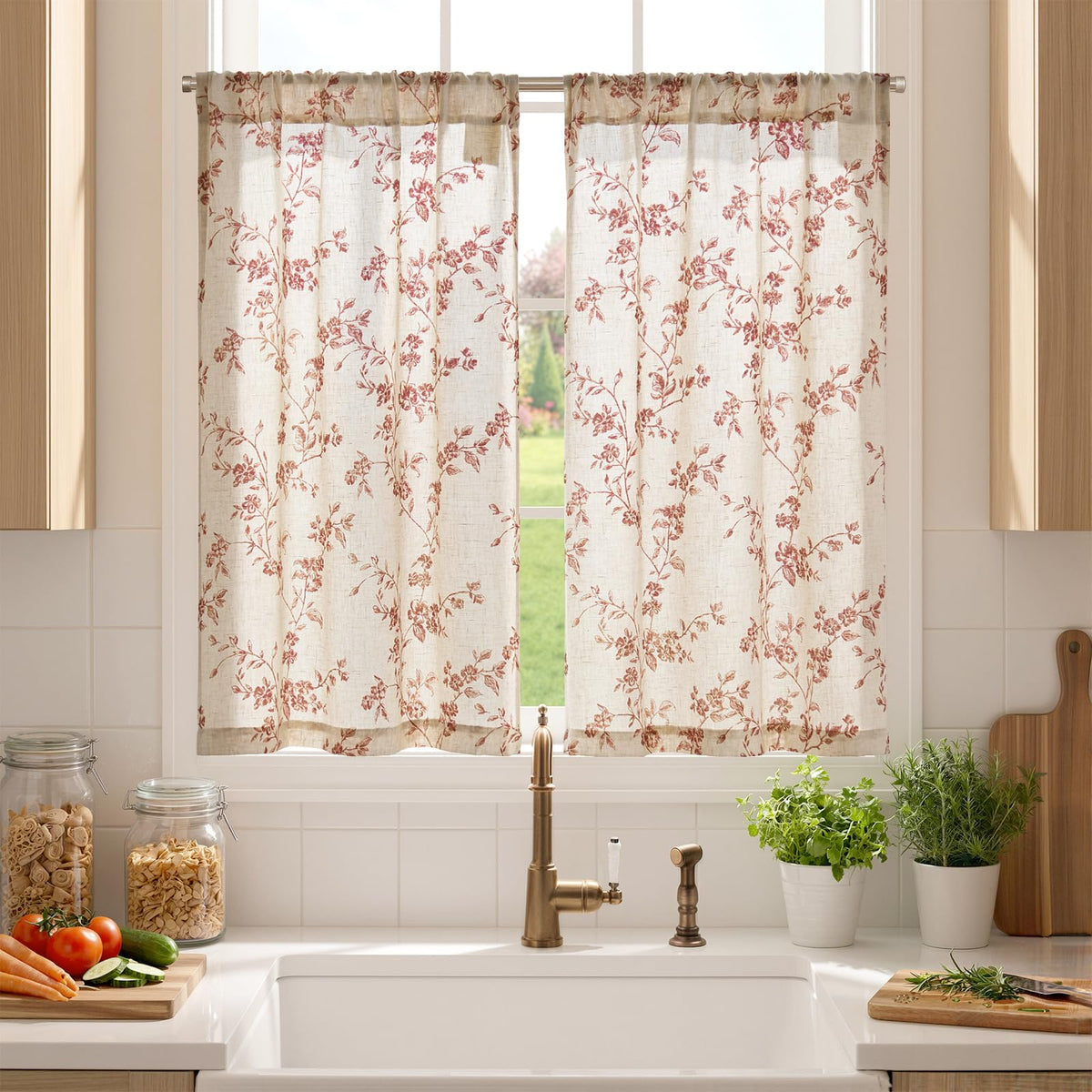 jinchan Floral Linen Kitchen Tier Curtains, 24 Inch, 2 Panels, Green