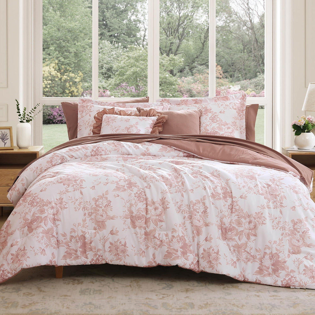 BLOOMHAVEN Queen Comforter Set-7 Pieces Blue Floral Bed in a Bag Queen