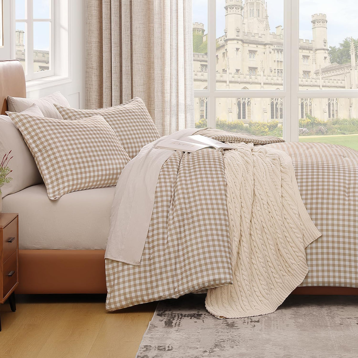 Andency Tan Gingham Comforter Set Twin, Brown Checkered Grid Plaid Bedding