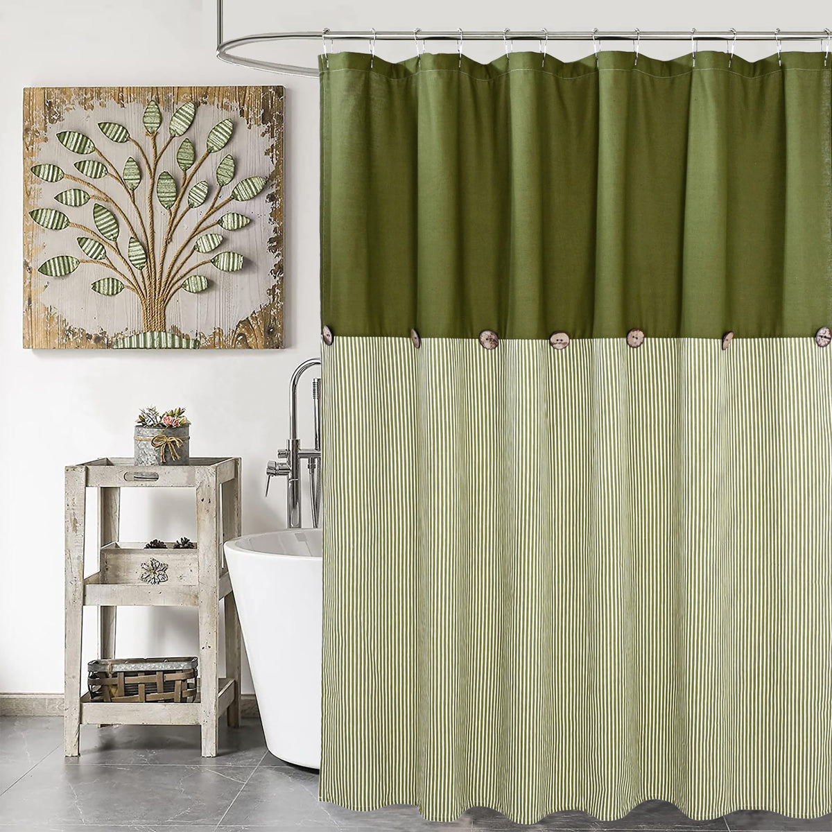 DOSLY IDÉES Farmhouse Shower Curtain,Beige and Gray Stripe,Button Curtain,Linen and Cotton Woven Fabric,Rustic Charm Country Chic Style,72x72 in