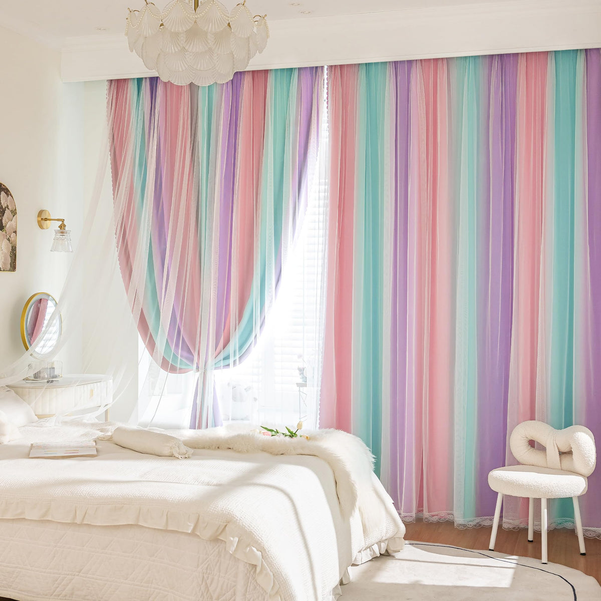 XiDi Blackout Curtains for Girls Bedroom Decor Pink Kids Rainbow Curtains