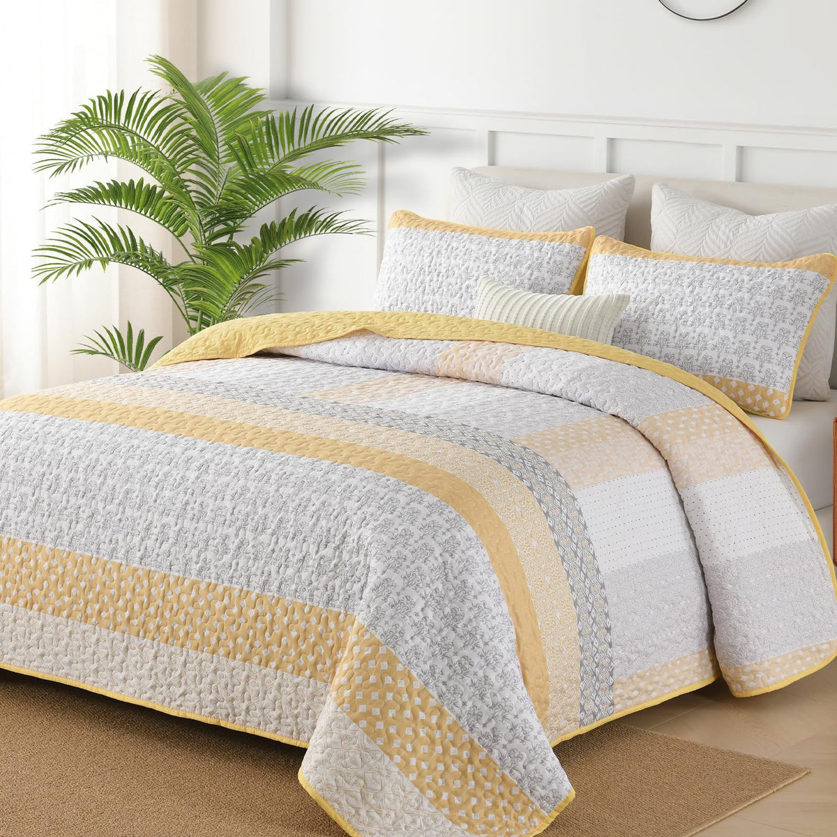 WONGS BEDDING Grey Queen Size Quilt Set, Boho Striped Bedspread