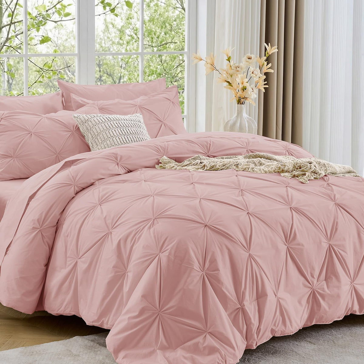 Sasttie Full Size Comforter Set, 7-Piece Bed in a Bag Double, Pintuck Bedding Set for All Season, Includes Comforter, Flat Sheet, Fitted Sheet, Pillowcases and Pillowshams, Beige