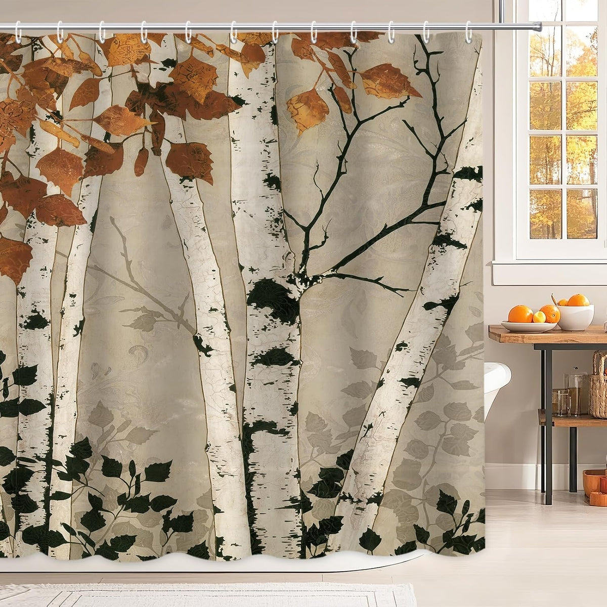 MEHOFOND Fall Birch Trees Shower Curtain Autumn Maple Leaves Shower Curtain Forest Nature Scenery Decor Fabric Bathroom Curtains with 12 Plastic Hooks 72x72 in