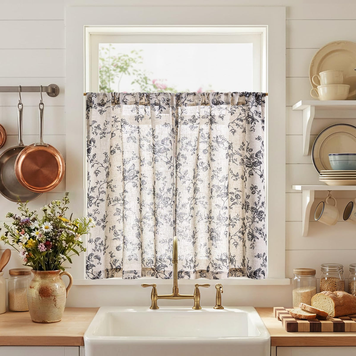 jinchan Floral Linen Kitchen Tier Curtains, 24 Inch, 2 Panels, Green