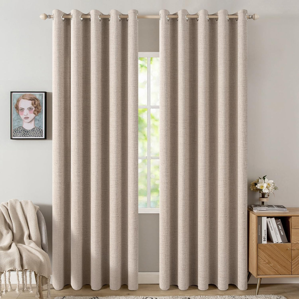 MIULEE 100% Blackout Linen Curtains for Bedroom 52x84 Inches Natural Beige