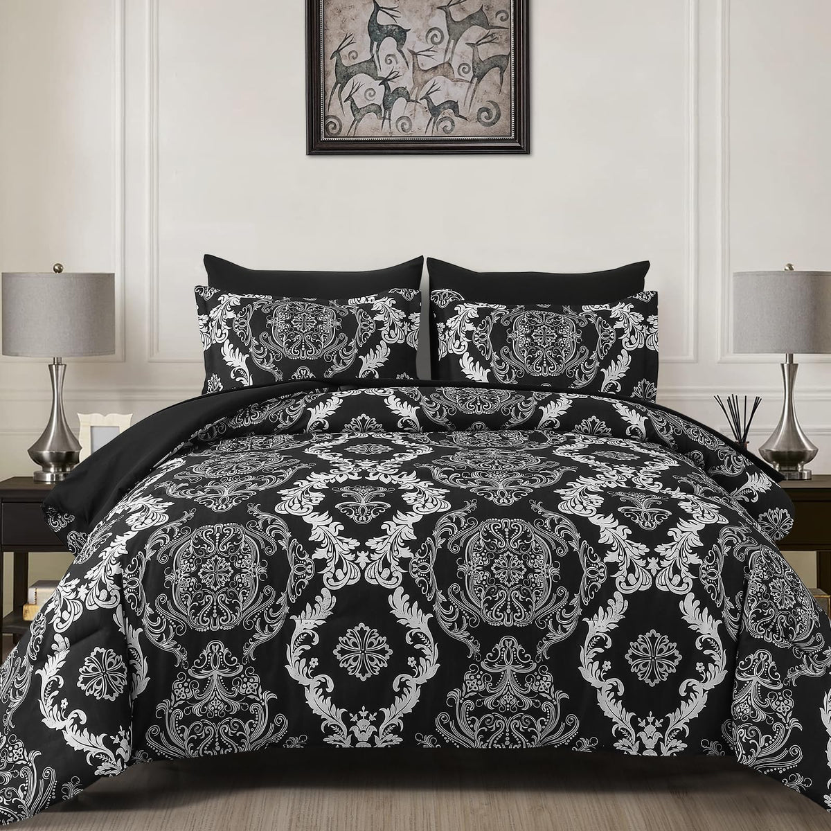 WONGS BEDDING Black Comforter Set Queen Size, Gold Damask Texture 7 Pieces Bed in a Bag Microfiber Comforter Bedding Sets -1 Comforter, 1 Flat Sheet, 1 Fitted Sheet, 2 Pillow Shams, 2 Pillowcases