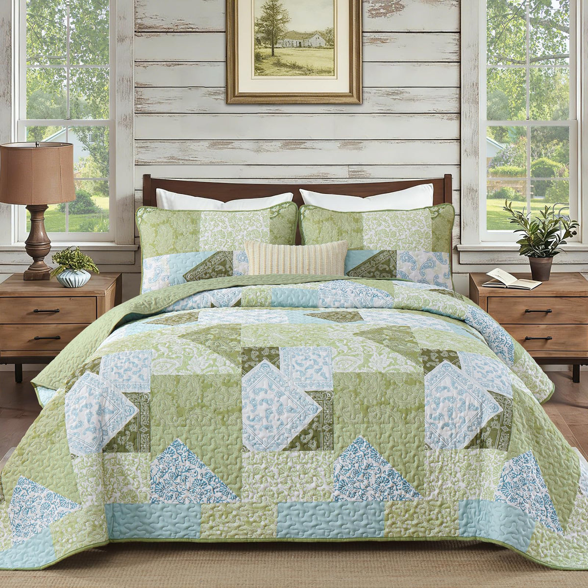 Mybedsoul Boho Quilts Queen Size, Patchwork Floral Bedding Set, Blue