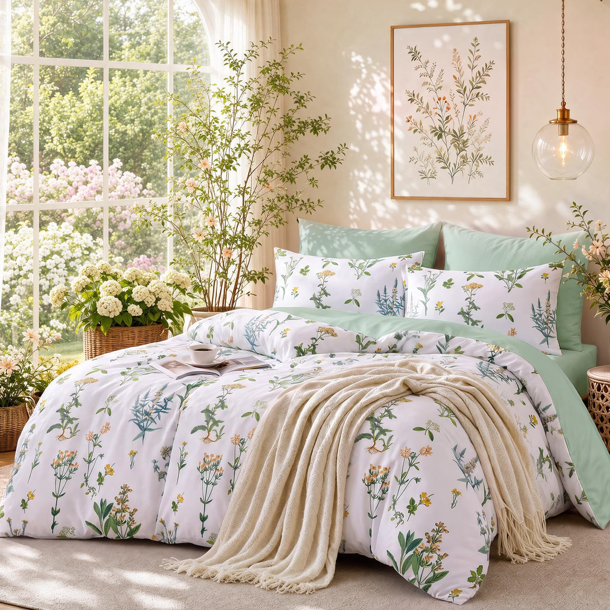 MUXHOMO Queen Comforter Set, 7-Piece Floral Bed in a Bag, Sage Green