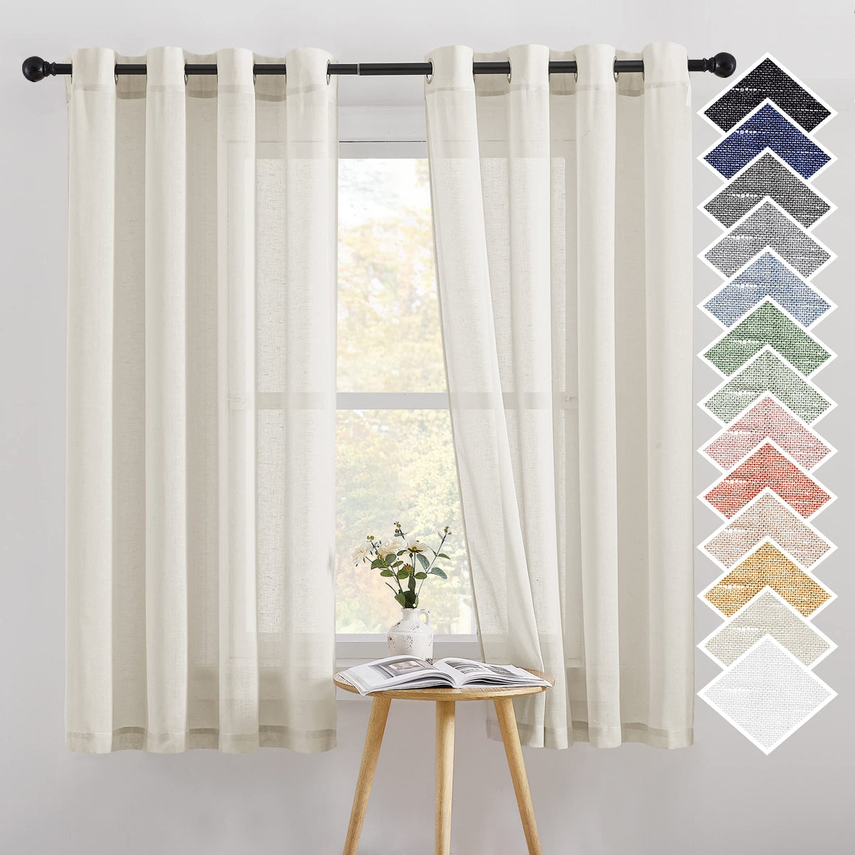 NICETOWN Semi Sheer Linen Ivory Curtains for Bedroom, W52xL84, 2 Panels