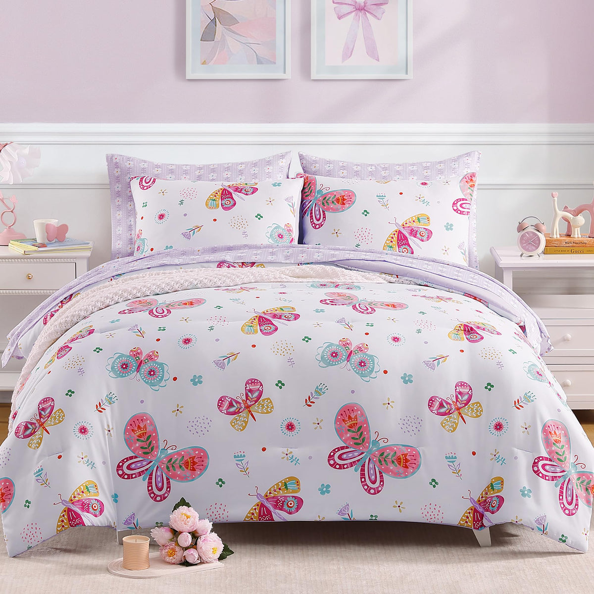Twin Comforter Set for Girls - 5 Pieces Floral Pink Girls Twin Bedding Set