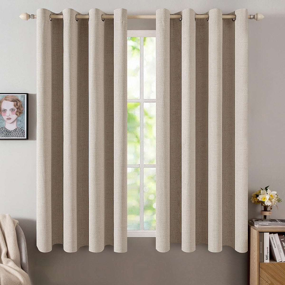 MIULEE 100% Blackout Linen Curtains for Bedroom 52x90 Inches Natural Beige