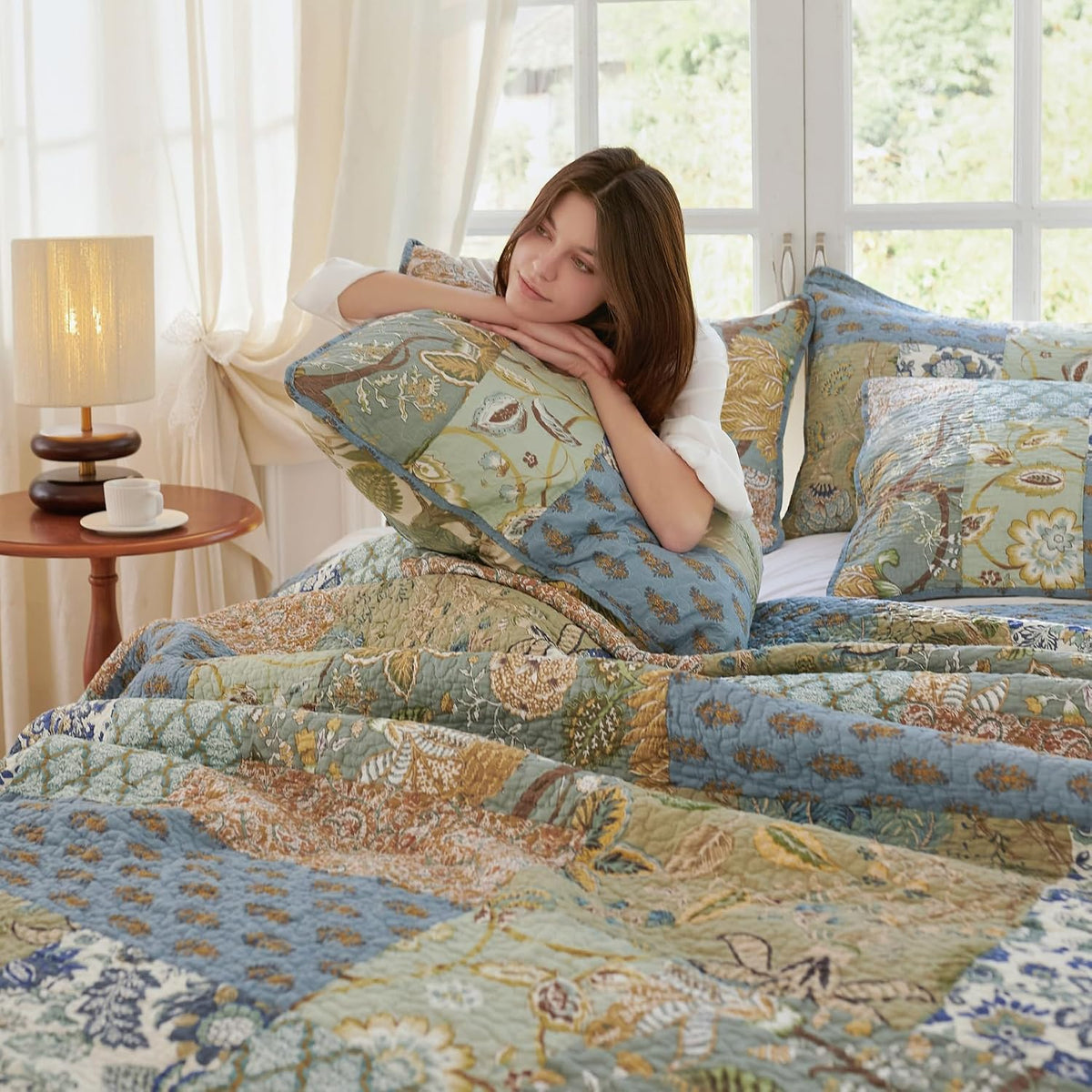 Secgo Queen Comforter Set for Bed - 100% Cotton Quilts Queen Size, Green, Sage Bedspreads (90 * 98 Inch) with 2 Pillow Shams, Patchwork Reversible Lightweight Bedding