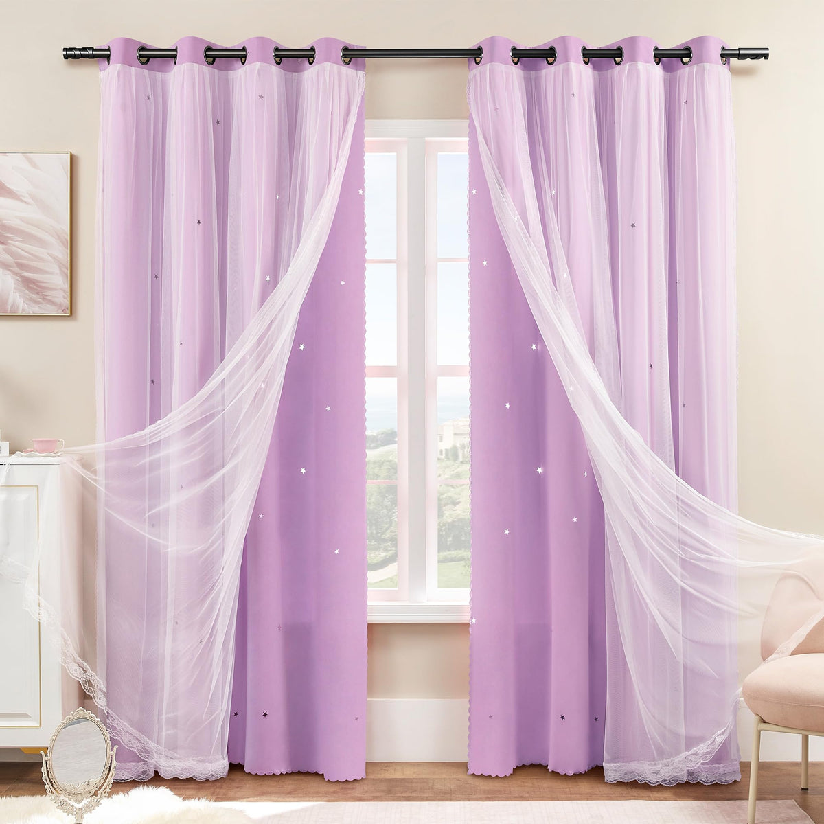 XiDi Blackout Curtains for Girls Bedroom Decor Pink Kids Rainbow Curtains