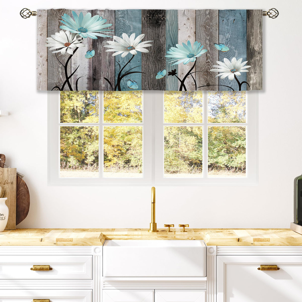 Teal Farmhouse Daisy Kitchen Curtains Wooden Flower Small Short Cafe Window Curtains Rustic Floral Butterfly Country Bathroom Drapes Treatment Tier Curtains 2 Panels (27.5x39 Inch)