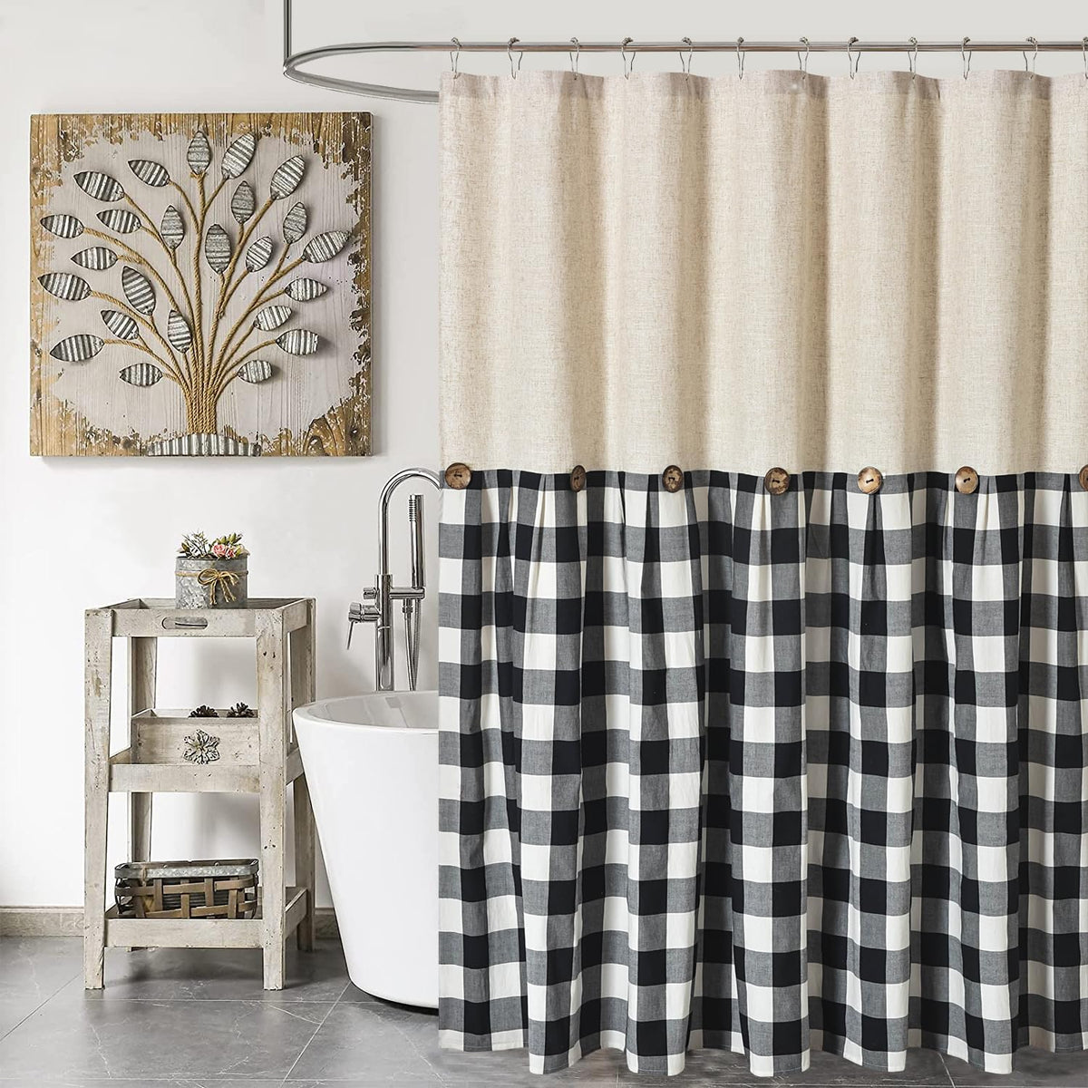 DOSLY IDÉES Farmhouse Shower Curtain,Beige and Gray Stripe,Button Curtain,Linen and Cotton Woven Fabric,Rustic Charm Country Chic Style,72x72 in