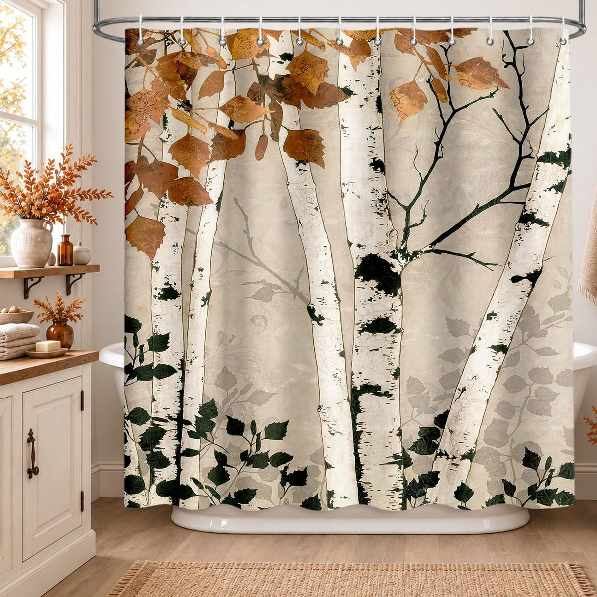 MEHOFOND Fall Birch Trees Shower Curtain Autumn Maple Leaves Shower Curtain Forest Nature Scenery Decor Fabric Bathroom Curtains with 12 Plastic Hooks 72x72 in