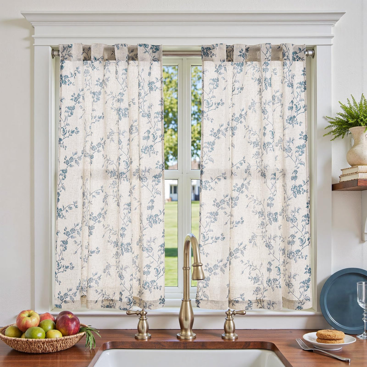jinchan Floral Linen Kitchen Tier Curtains, 24 Inch, 2 Panels, Green
