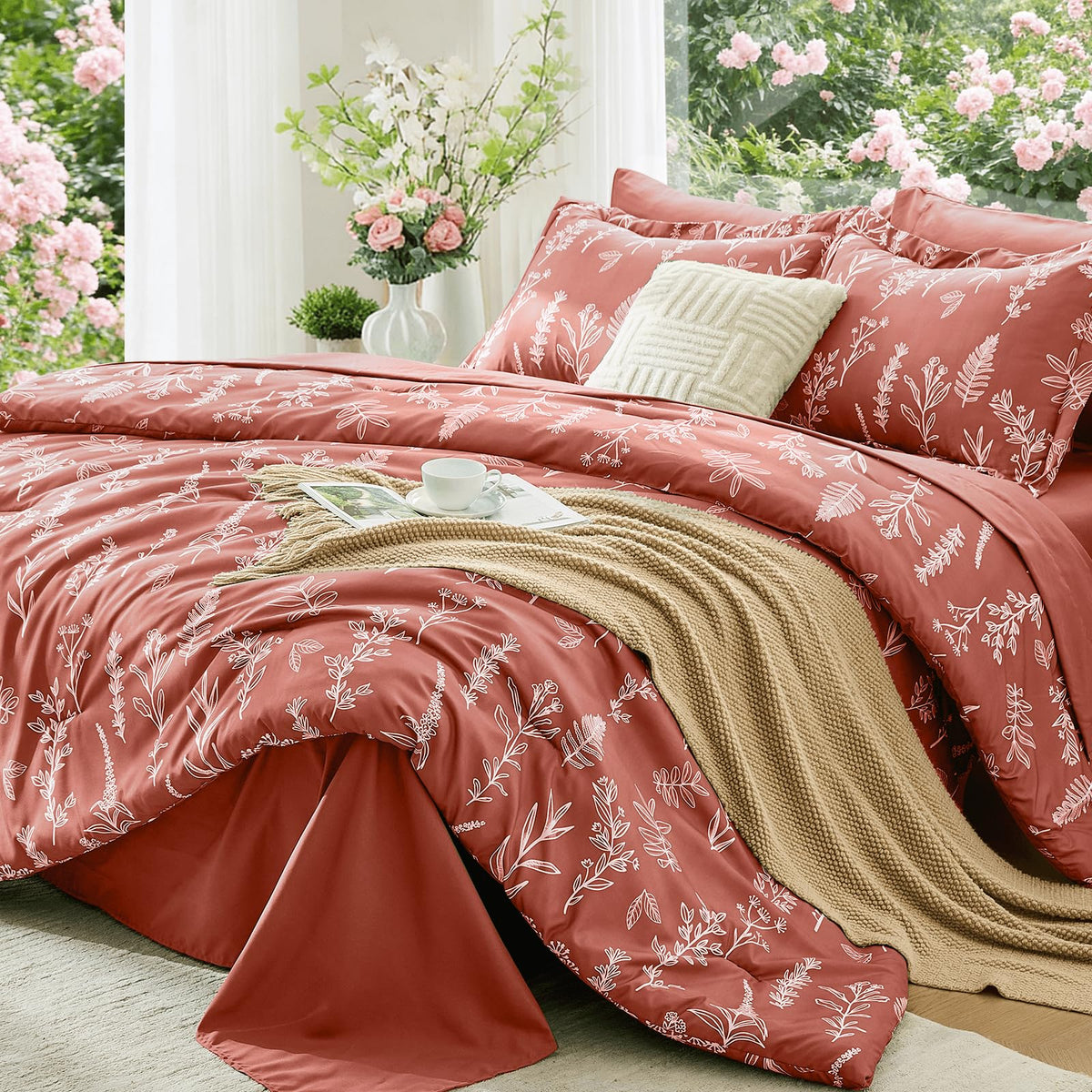 MUXHOMO Queen Comforter Set, 7-Piece Floral Bed in a Bag, Sage Green