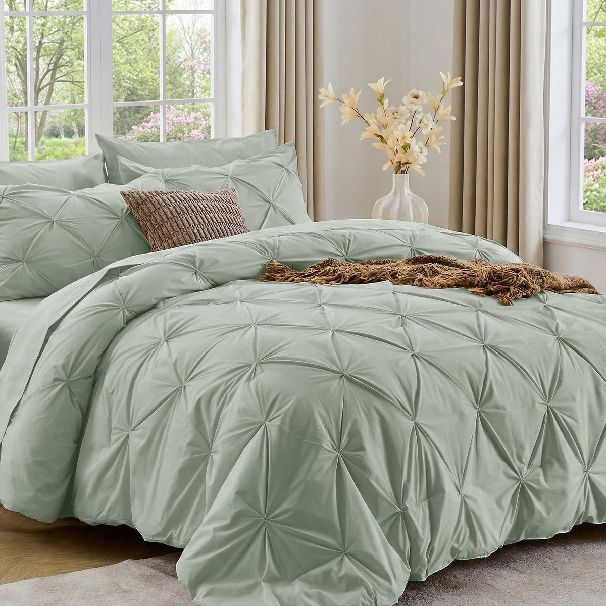 Sasttie Full Size Comforter Set, 7-Piece Bed in a Bag Double, Pintuck Bedding Set for All Season, Includes Comforter, Flat Sheet, Fitted Sheet, Pillowcases and Pillowshams, Beige