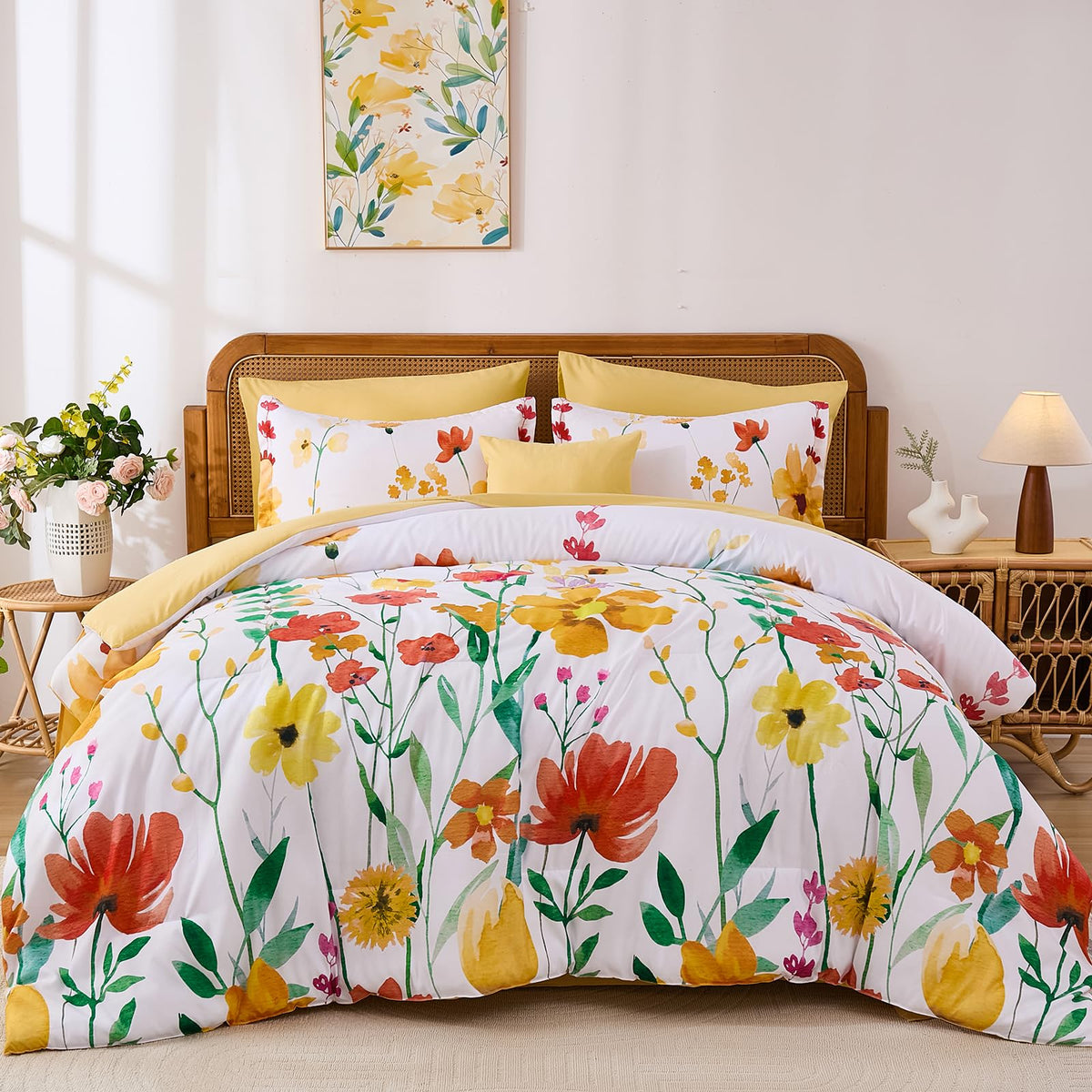 Annibedding Queen Comforter Set 8 Pieces Pink Floral Bed in Bag All Season