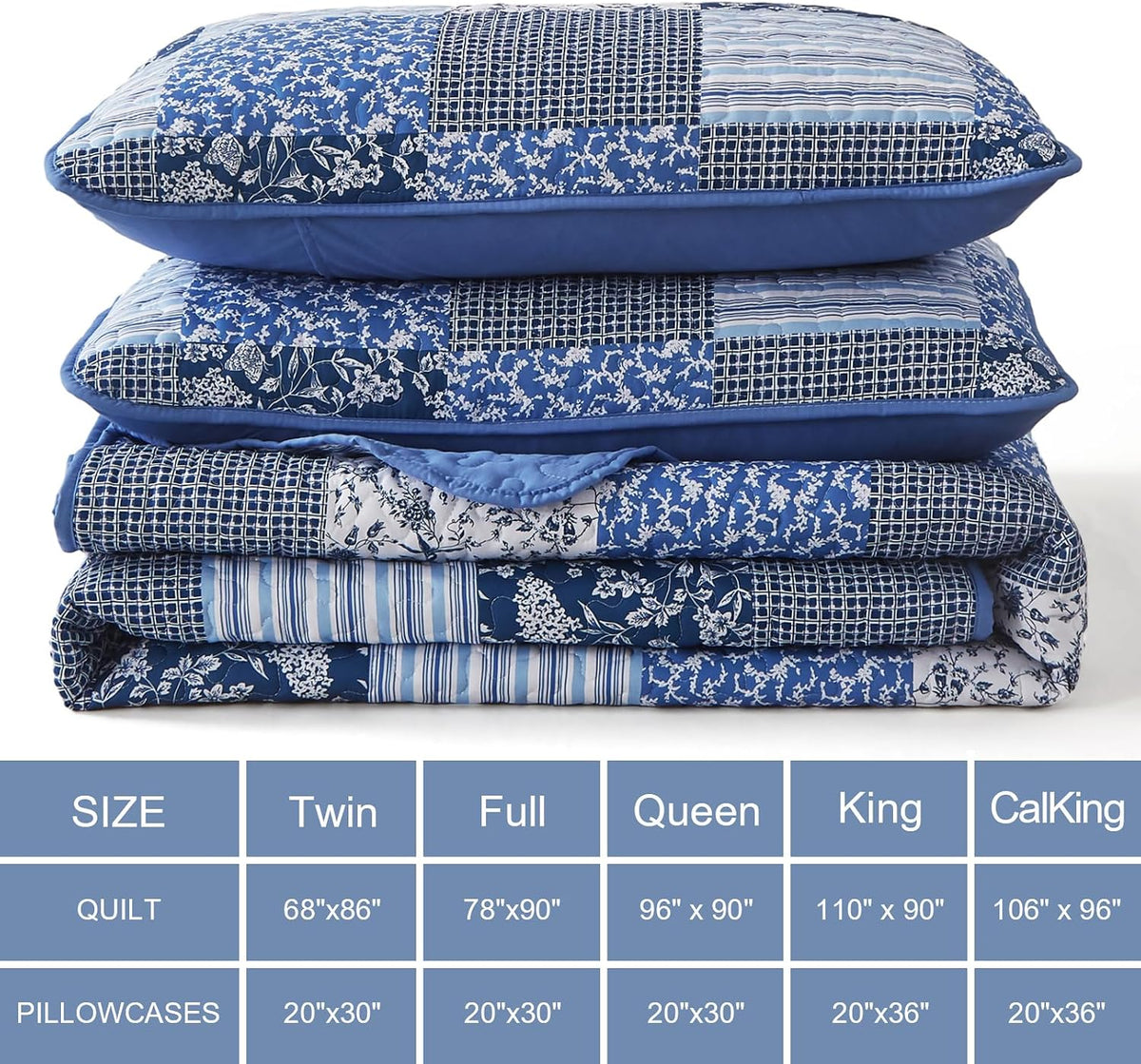 Mybedsoul Boho Quilts Queen Size, Patchwork Floral Bedding Set, Blue