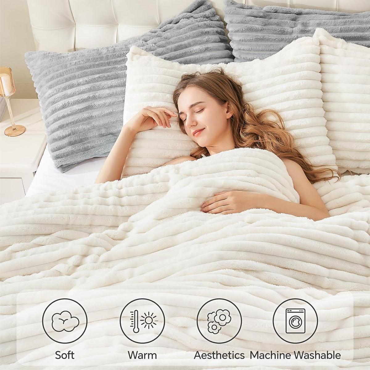 BEDELITE Fleece Full Comforter Set, Fluffy Bed Set, Cream White