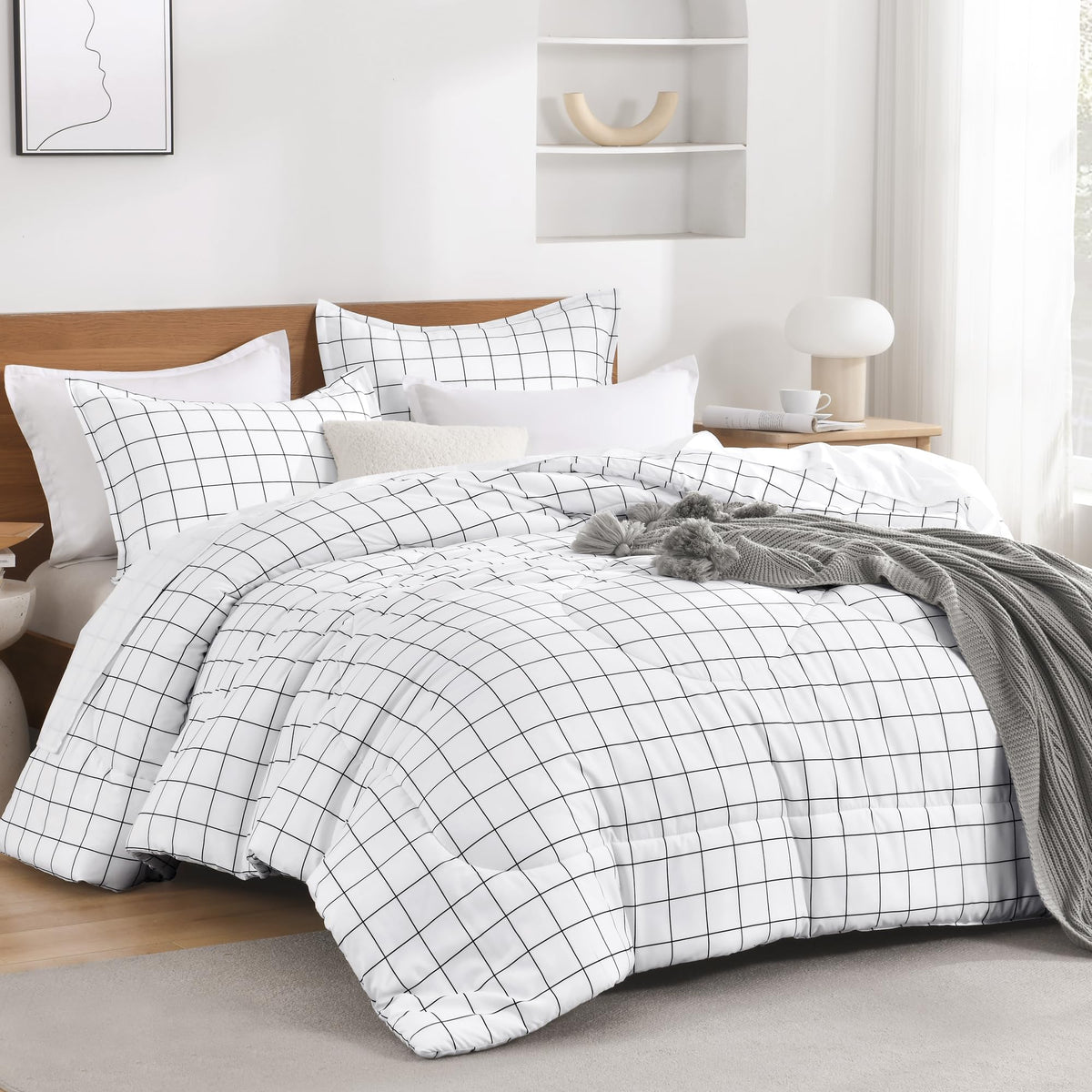 Andency Tan Gingham Comforter Set Twin, Brown Checkered Grid Plaid Bedding