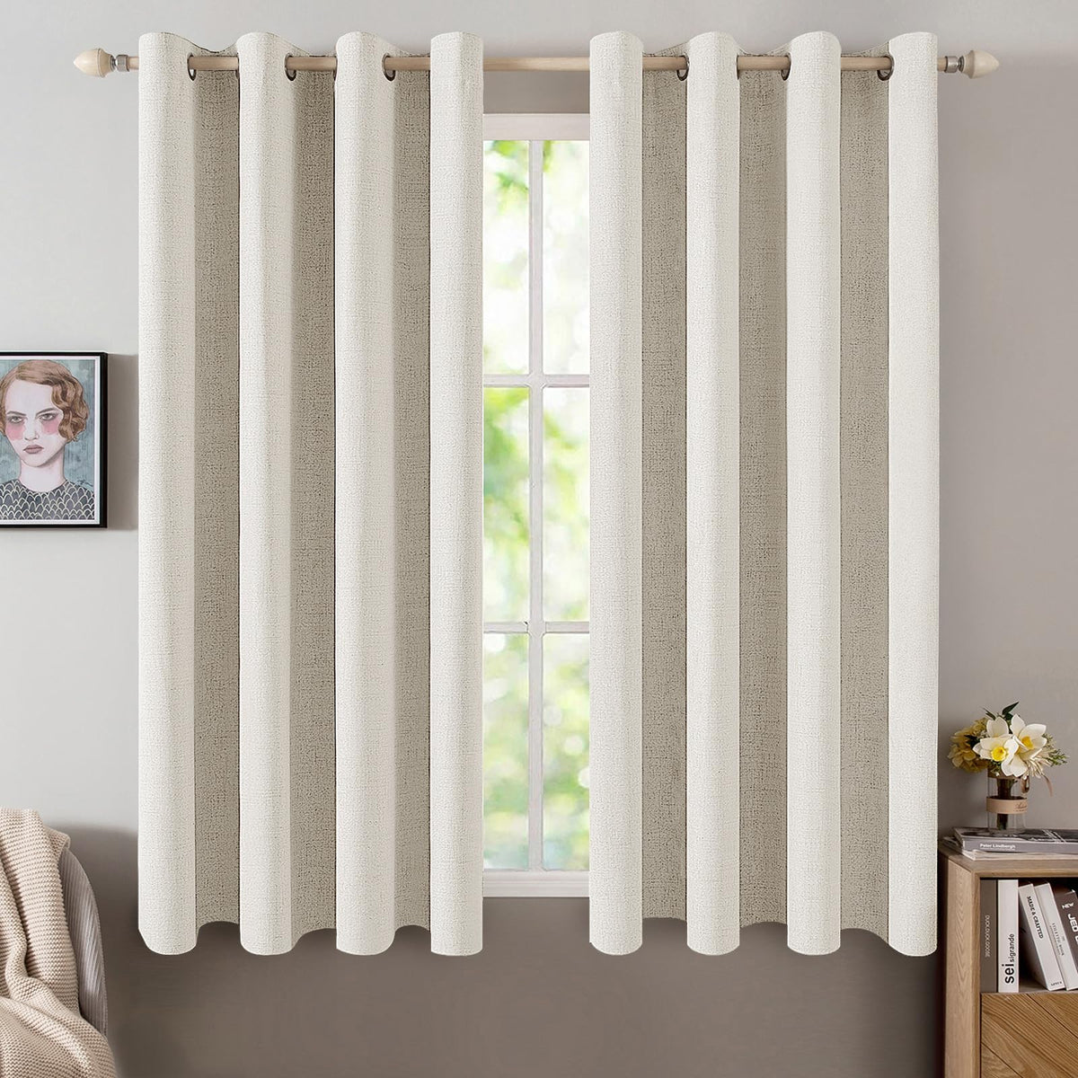 MIULEE 100% Blackout Linen Curtains for Bedroom 52x90 Inches Natural Beige