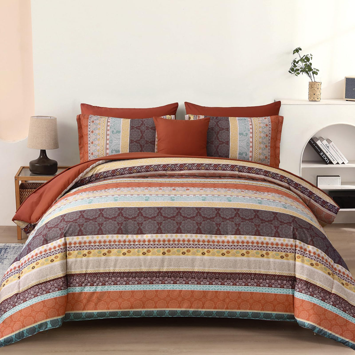 Cottolester Boho Comforter Set Queen Size 8 Piece Bed in a Bag Bohemian Striped Bedding Quilt Set Aqua Paisley Floral Comforter and Sheet Set,Soft Microfiber Complete Bedding Sets for All Season