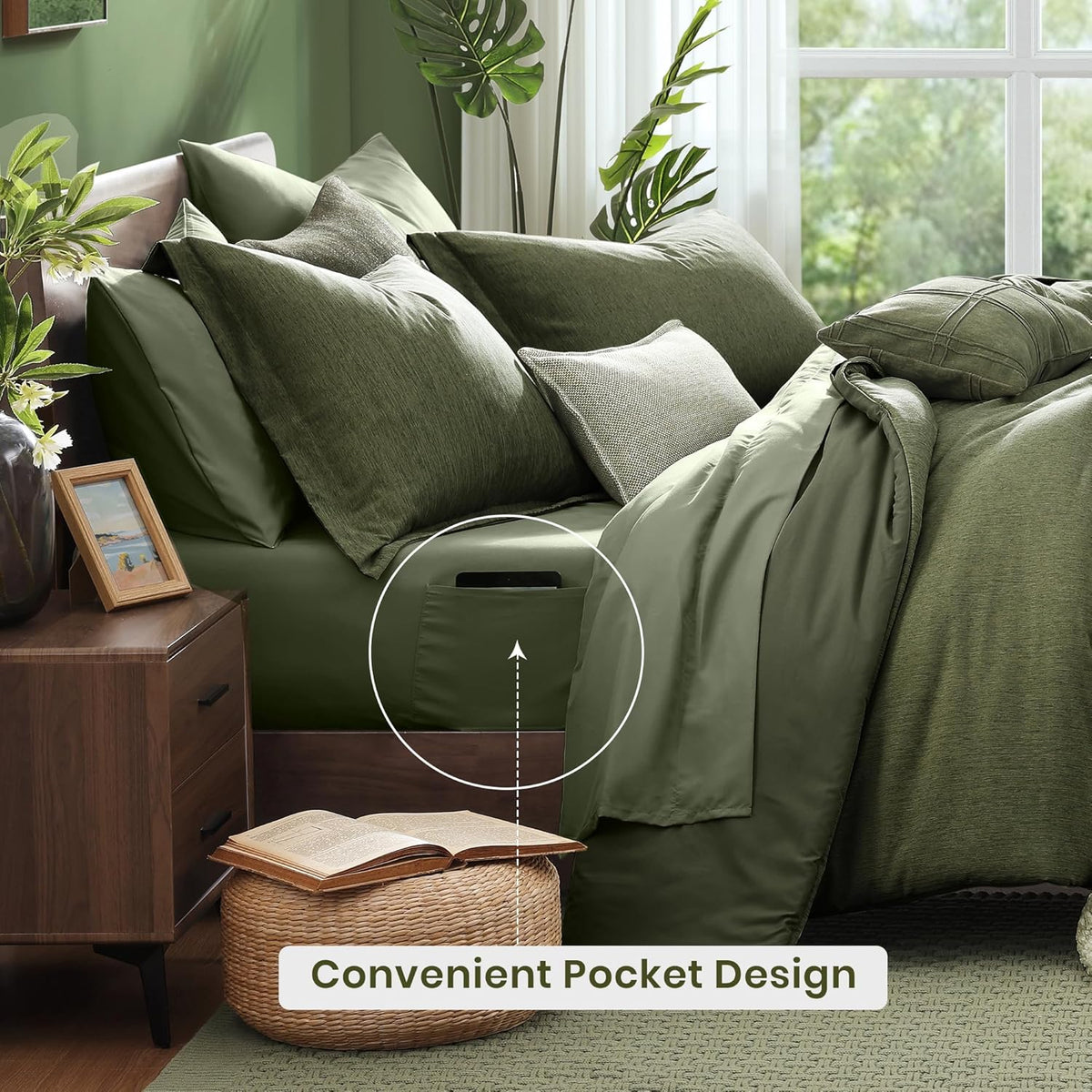 Monbix King Size Comforter Set Olive Green 7 Pieces Bed in a Bag