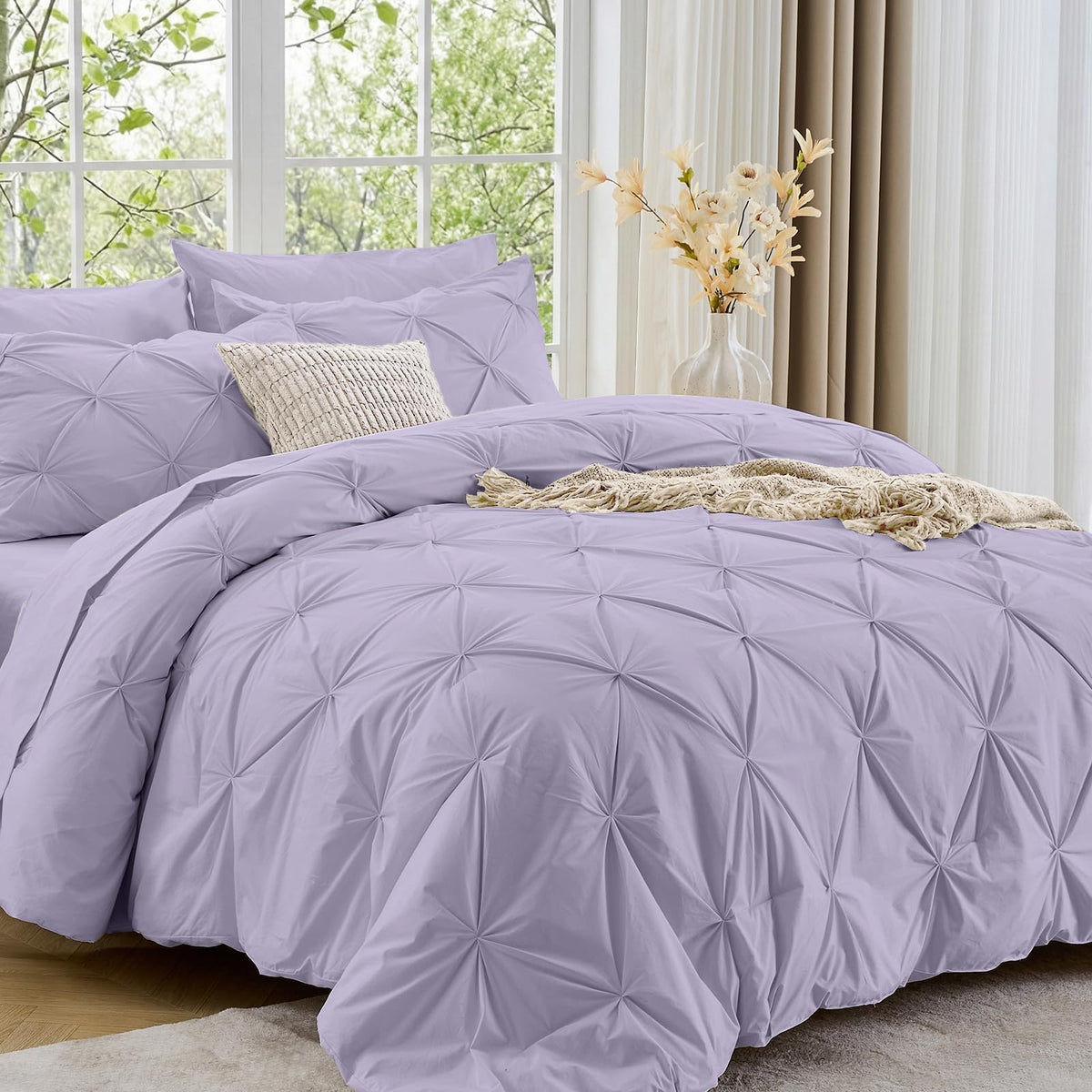 Sasttie Full Size Comforter Set, 7-Piece Bed in a Bag Double, Pintuck Bedding Set for All Season, Includes Comforter, Flat Sheet, Fitted Sheet, Pillowcases and Pillowshams, Beige