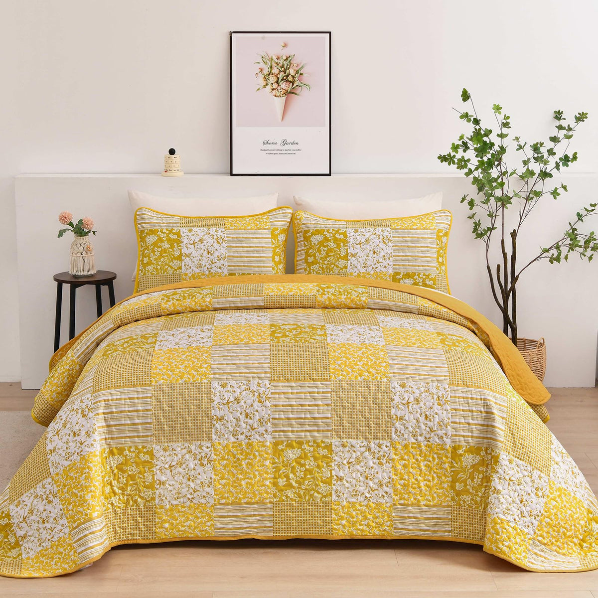 Mybedsoul Boho Quilts Queen Size, Patchwork Floral Bedding Set, Blue