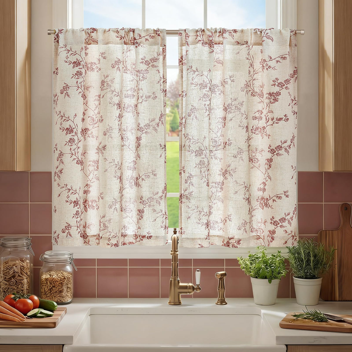 jinchan Floral Linen Kitchen Tier Curtains, 24 Inch, 2 Panels, Green
