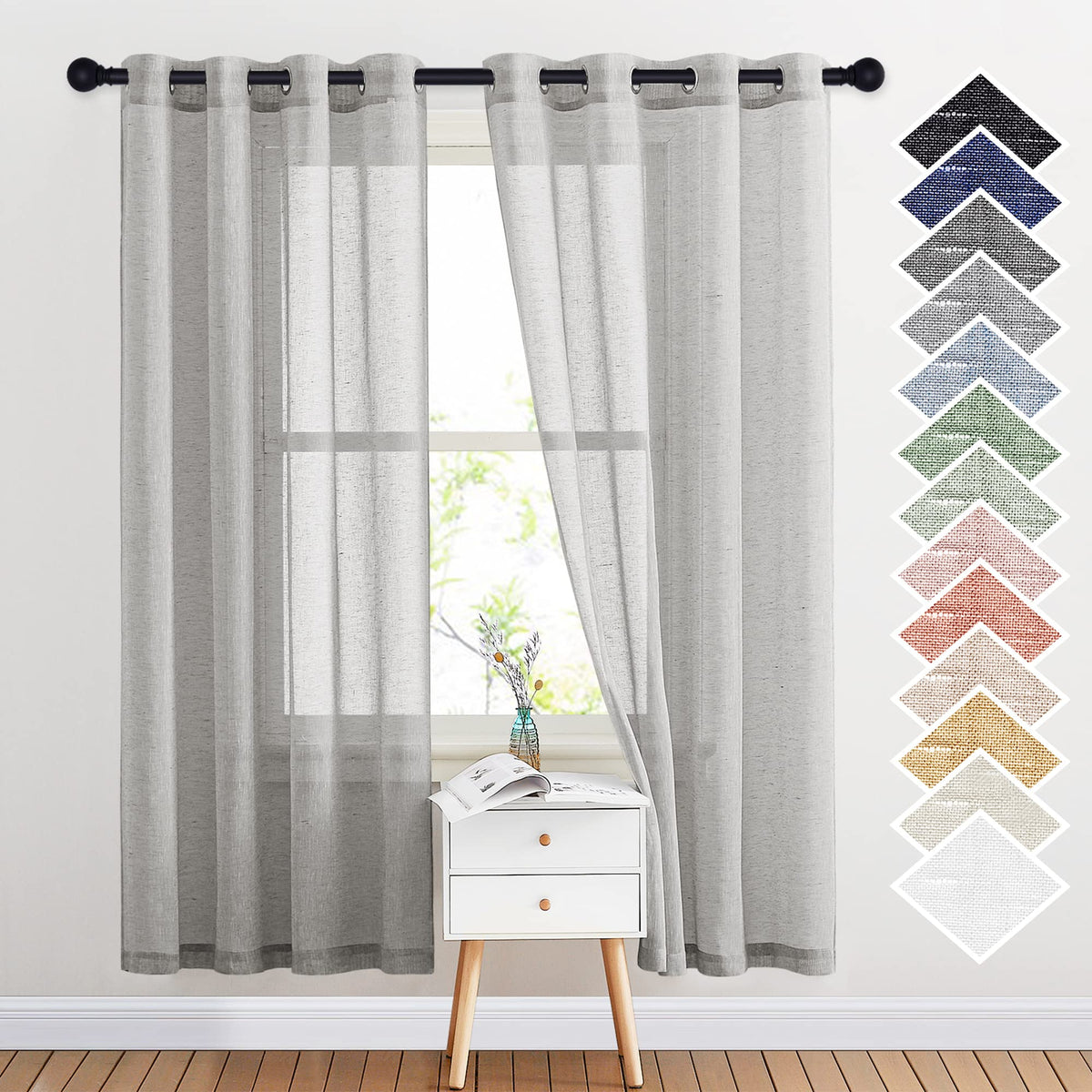NICETOWN Semi Sheer Linen Ivory Curtains for Bedroom, W52xL84, 2 Panels