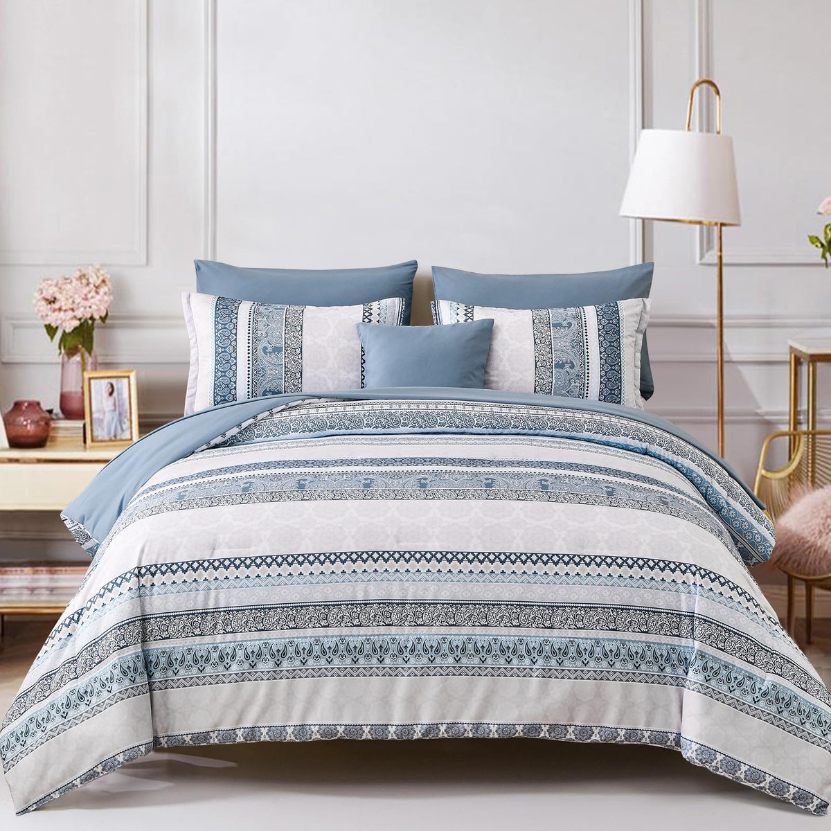 Cottolester Boho Comforter Set Queen Size 8 Piece Bed in a Bag Bohemian Striped Bedding Quilt Set Aqua Paisley Floral Comforter and Sheet Set,Soft Microfiber Complete Bedding Sets for All Season