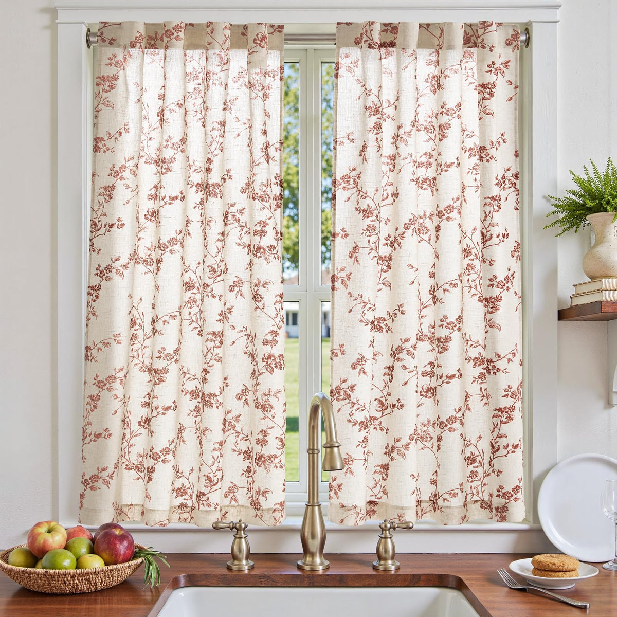 jinchan Floral Linen Kitchen Tier Curtains, 24 Inch, 2 Panels, Green