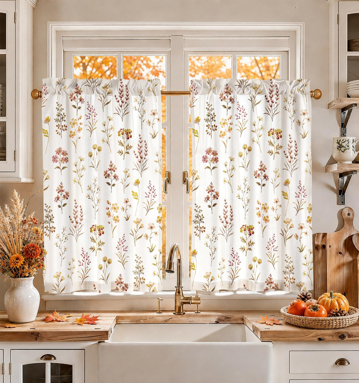 Miss Adola 36 Inch Length Kitchen Tier Curtains Pumpkin Leaf Cafe Curtains