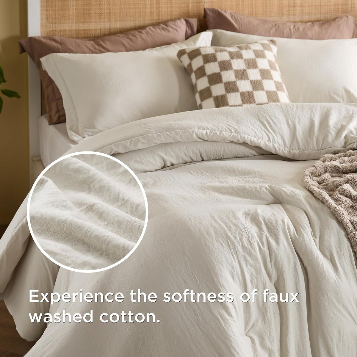 Bedsure Queen Bedding Set -5 Pieces Boho Comforter Sets Queen Size with Checkered Throw Blanket, Decorative Pillow, Lightwight Bedding for All Season, Fluffy Soft Bedding Set, Linen Beige Brown